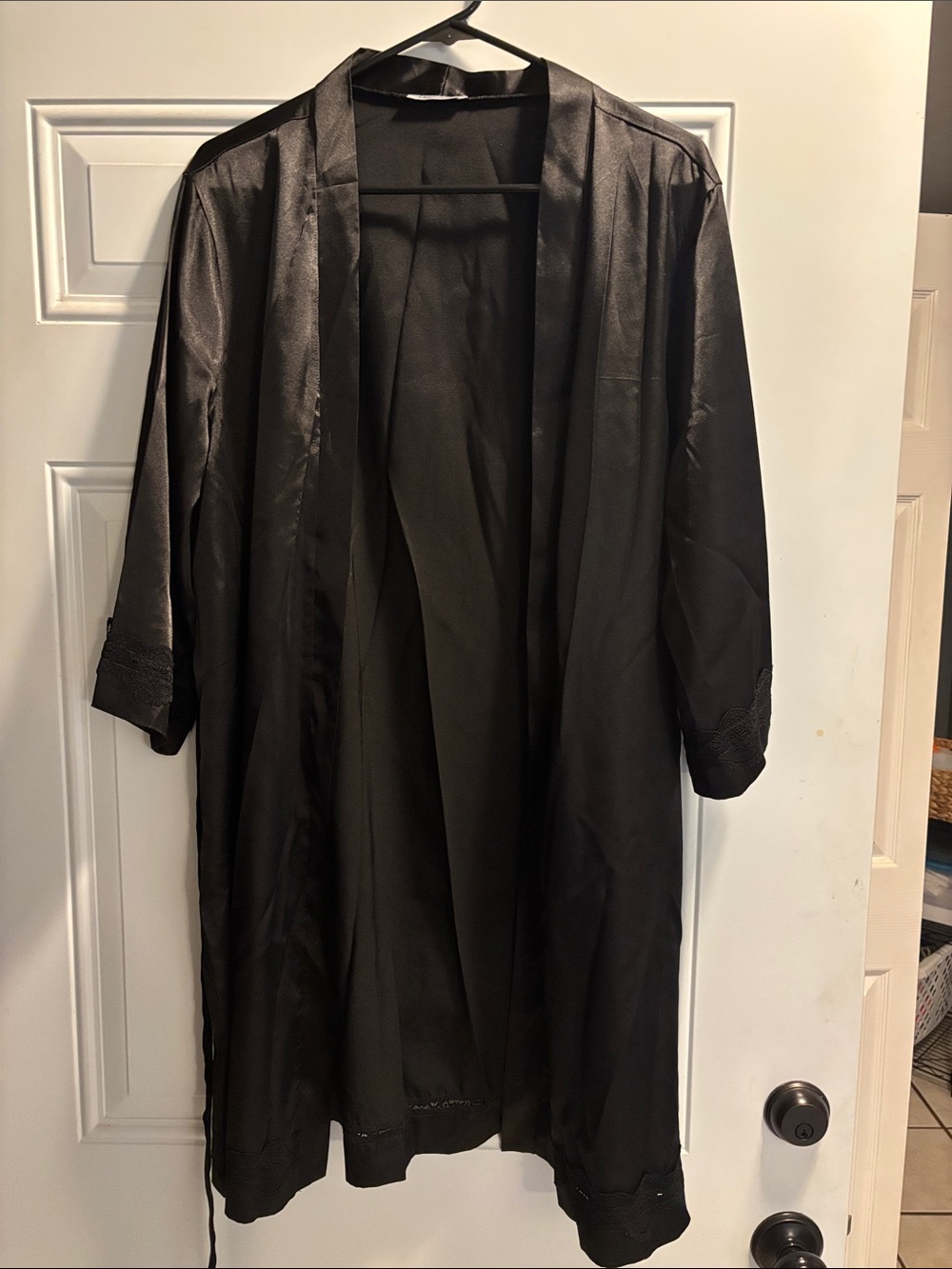 Women's Black Satin Robe — Classic Open-Front Lounge Robe